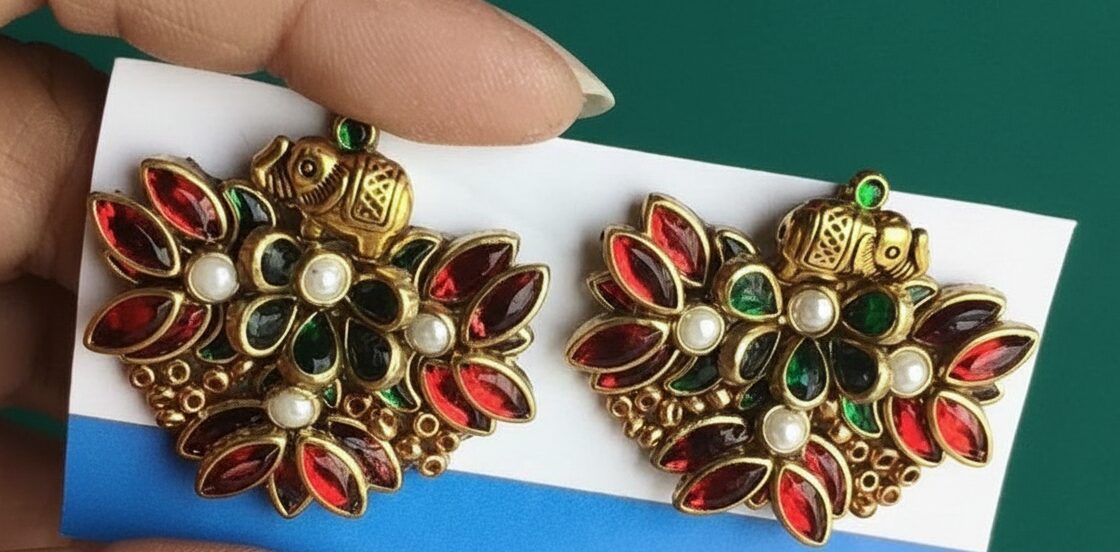 Stunning 3D Kundan Earrings with Vibrant Gem Accents