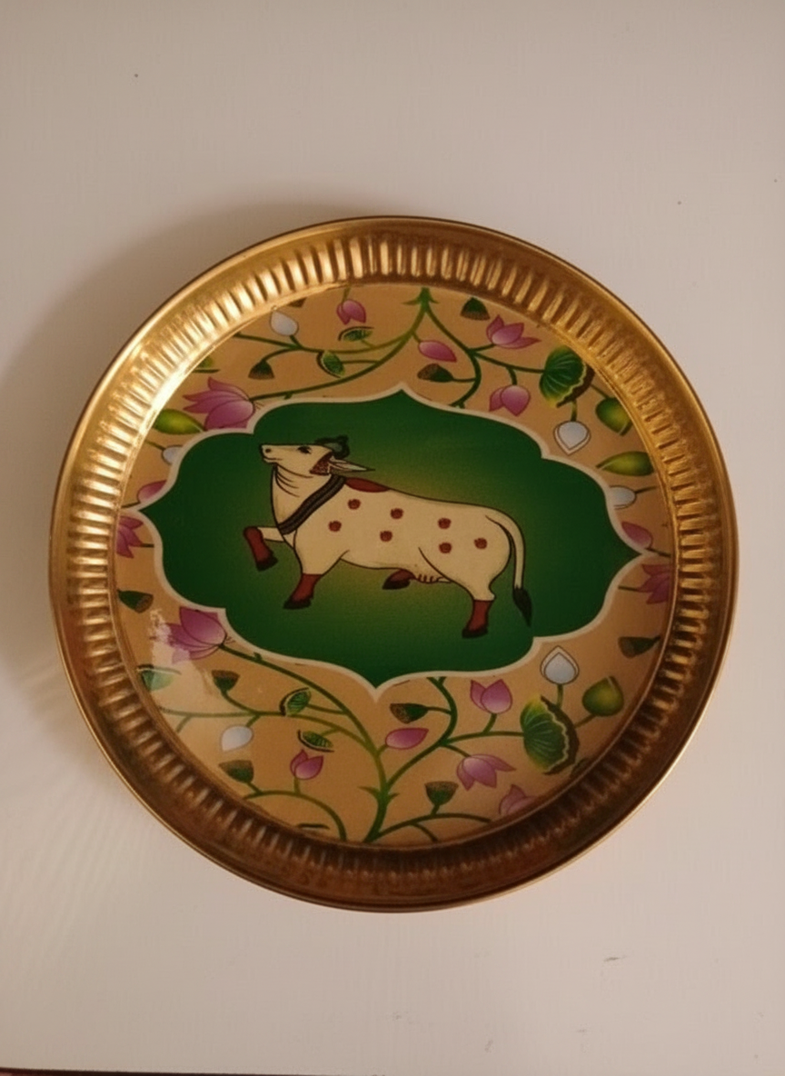 Elegant Brass Plate with Cow Motif and Floral Accents - Image 2