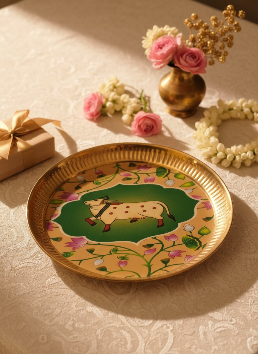 Brass Plate with Cow Motif