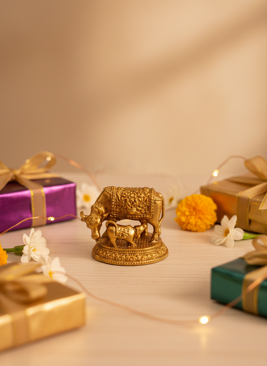 Brass Cow and Calf Figurine