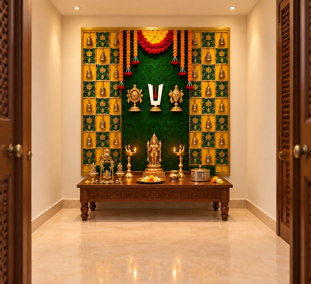 Puja room with a brass Venkateshwara idol, peacock lamps, floral backdrop, and brass ritual accents.