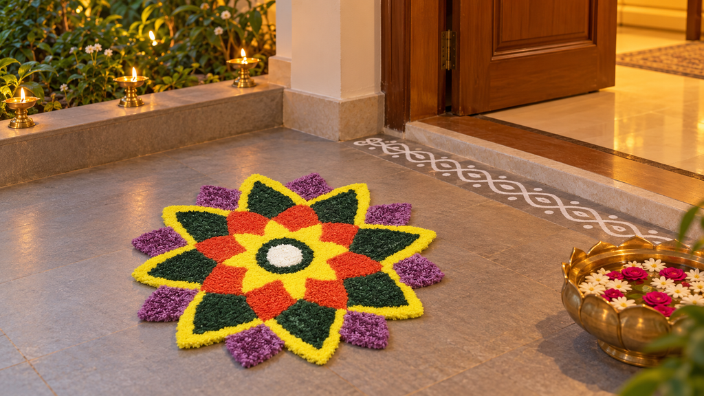Diwali sit-out decorated with a colorful floral mat, brass lotus bowl, brass diyas, and a white rangoli border.