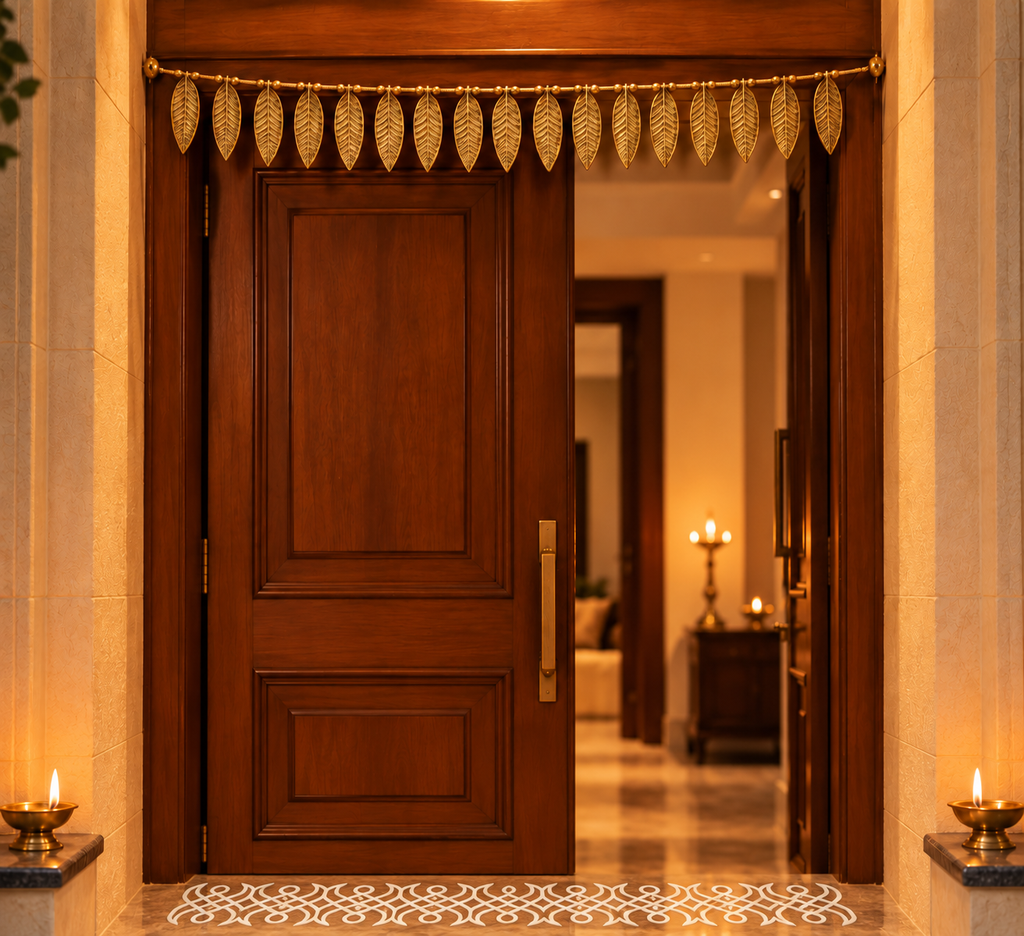 Diwali entrance decorated with a white rangoli border, brass diyas, and a brass thoranam.